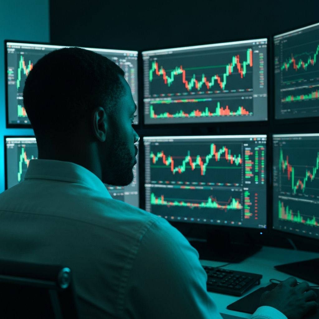 Professional trader analyzing crypto market data across multiple monitors